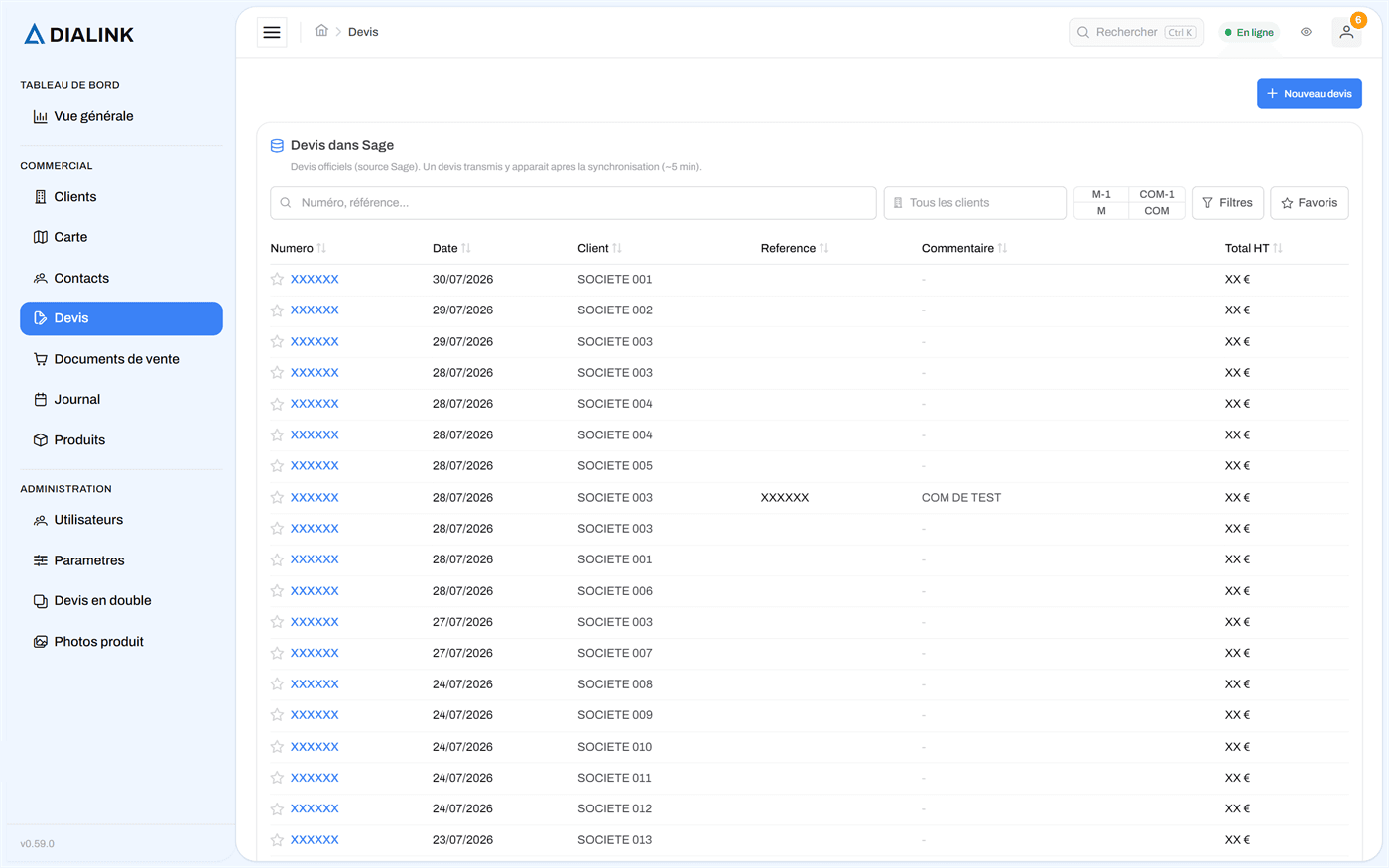 Liste des devis de DiaLink, synchronisés avec Sage