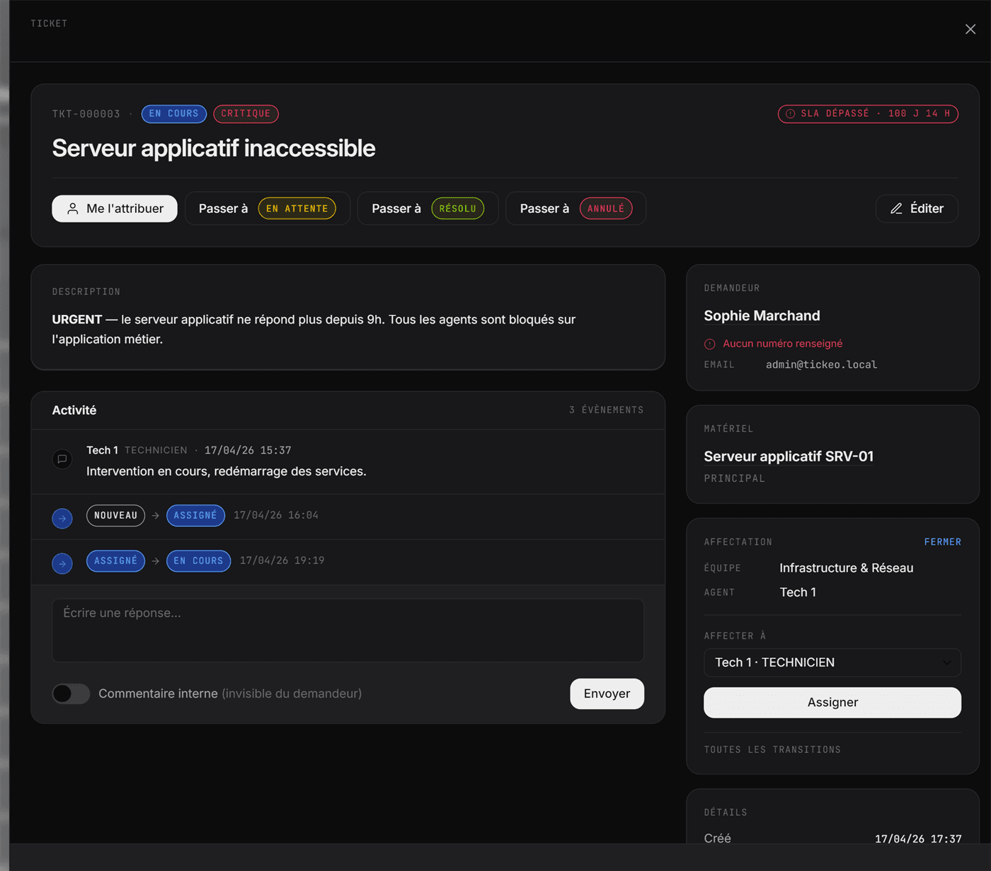 Détail d'un ticket dans Orbit : statut, priorité, fil d'activité et affectation