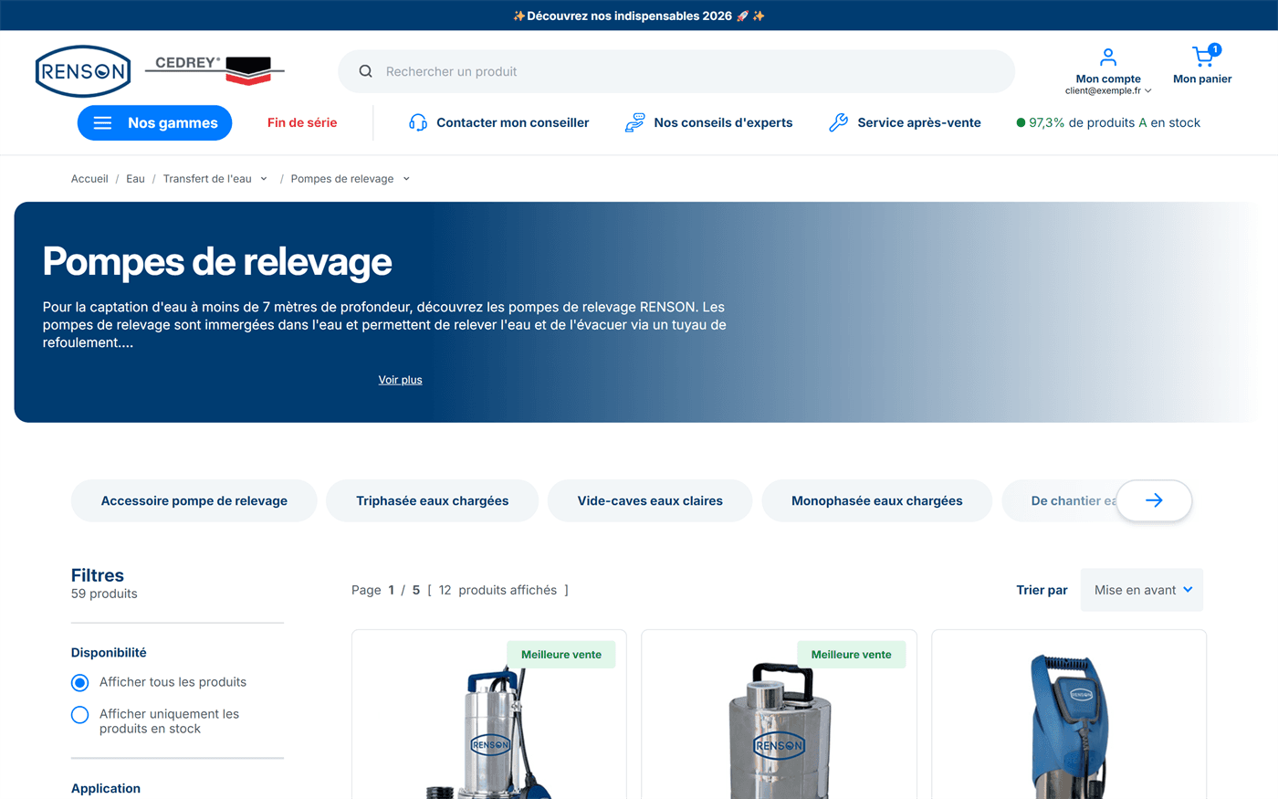 Page de gamme du catalogue Renson avec ses filtres et son fil d'ariane