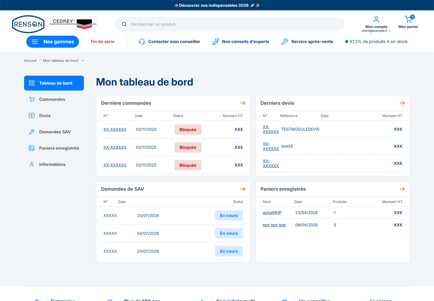 Tableau de bord du compte distributeur : commandes, devis, demandes SAV et paniers enregistrés